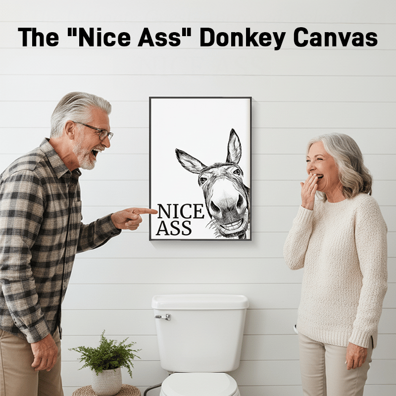 The cheeky "Nice Ass" donkey bathroom canvas art Hidden humour for pure jo