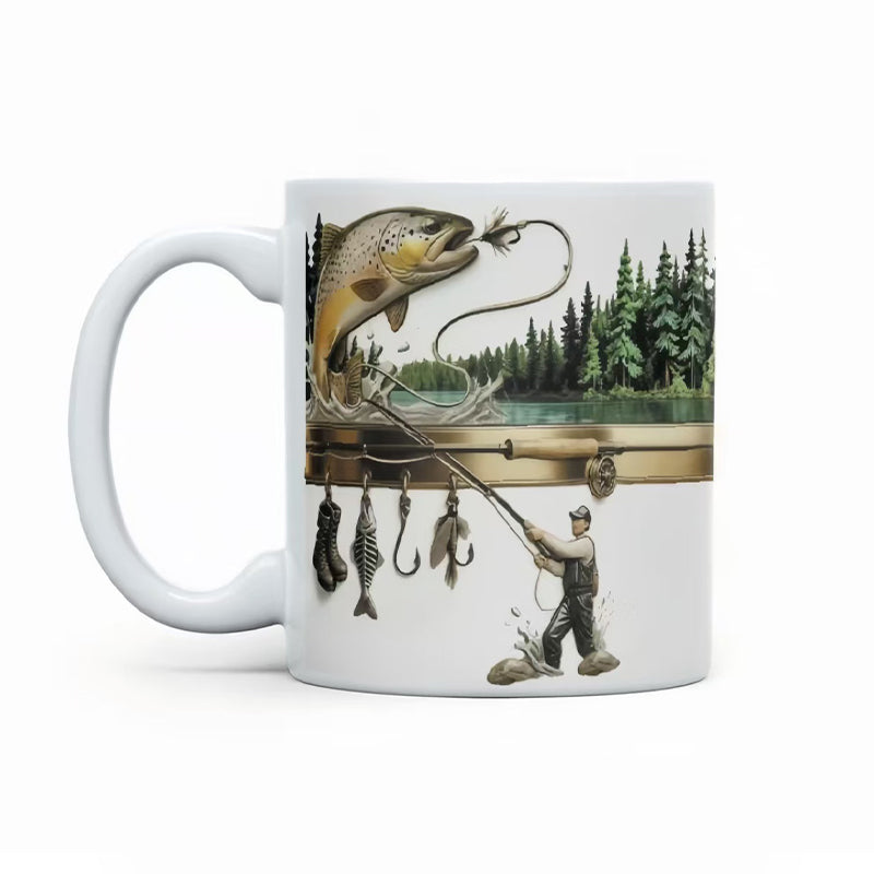Ceramic coffee mug with fishing theme