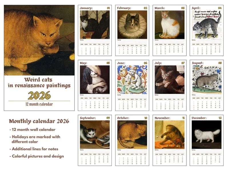 🎨 Meet the Weird Cats in Renaissance Paintings 2026 Calendar